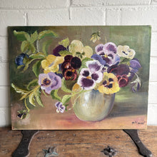 Load image into Gallery viewer, Vintage Signed Oil Painting of Pansies in Vase, Floral Still Life c1960s