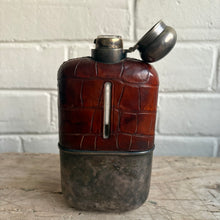 Load image into Gallery viewer, Antique Crocodile Leather Hip Flask with Silver Plate Tumbler Cup | Early 1900s Barware