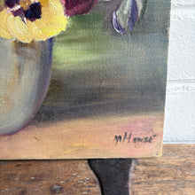 Load image into Gallery viewer, Vintage Signed Oil Painting of Pansies in Vase, Floral Still Life c1960s