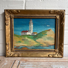 Load image into Gallery viewer, Vintage Lighthouse Oil Painting in Ornate Gilt Frame - Coastal Folk Art