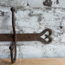 Load image into Gallery viewer, Antique French Wrought Iron Coat Rack - 4 Double Hooks with Heart Ends