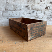 Load image into Gallery viewer, Antique M.R.M. Co. Horse Nail Wooden Box - "Perfection in Horse Nails" Advertising Crate c. 1910s