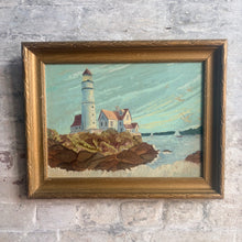 Load image into Gallery viewer, Vintage Lighthouse Coastal Oil Painting in Ornate Gold Frame c1940