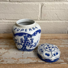 Load image into Gallery viewer, Vintage Japanese "SUPERBA" Ginger Jar Tea Caddy - Blue & White c1960