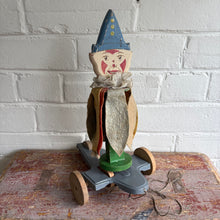 Load image into Gallery viewer, Rare 1940s Wooden Clown Whirligig Pull Toy - Hand Painted Folk Art Spinner with Felt Petals