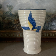 Load image into Gallery viewer, Vintage 1950s TK Japan Ceramic Vase - Hand Painted Blue Lily & Butterfly Relief