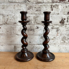 Load image into Gallery viewer, Pair of Antique English Barley Twist Oak Candlesticks