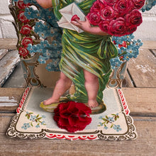 Load image into Gallery viewer, Antique Die-Cut Valentine Card with Winged Cherub & Floral Motif