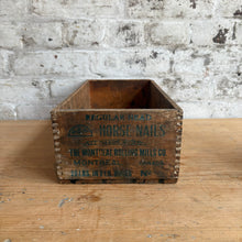 Load image into Gallery viewer, Antique M.R.M. Co. Horse Nail Wooden Box - "Perfection in Horse Nails" Advertising Crate c. 1910s