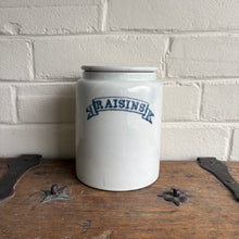 Load image into Gallery viewer, Antique Ironstone “RAISINS” Kitchen Storage Jar with Lid c.1920