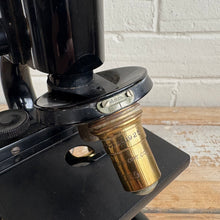 Load image into Gallery viewer, Antique Bausch & Lomb Brass & Black Enamel Microscope with Original Wooden Case c1925