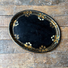 Load image into Gallery viewer, Antique Black Japanned Tole Tray with Gilt Floral Border, 20.5”