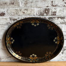 Load image into Gallery viewer, Antique Black Japanned Tole Tray with Gilt Floral Border, 20.5”