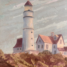 Load image into Gallery viewer, Vintage Lighthouse Coastal Oil Painting in Ornate Gold Frame c1940