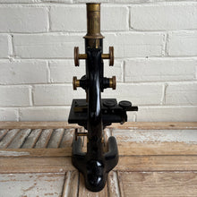 Load image into Gallery viewer, Antique Bausch & Lomb Brass & Black Enamel Microscope with Original Wooden Case c1925
