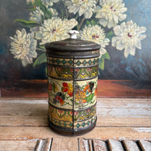 Load image into Gallery viewer, Antique Late 1800s Lithographed Sugar Tin Canister w/ Porcelain Knob