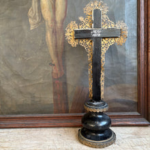 Load image into Gallery viewer, 19th-Century Antique French Filigree Standing Crucifix on Wood Base