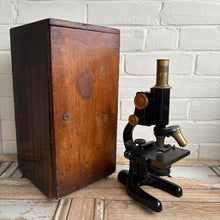 Load image into Gallery viewer, Antique Bausch & Lomb Brass & Black Enamel Microscope with Original Wooden Case c1925
