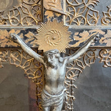 Load image into Gallery viewer, 19th-Century Antique French Filigree Standing Crucifix on Wood Base