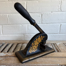 Load image into Gallery viewer, Antique 19th Century Japanned Lever Paper Cutter / Desk Press with Gilt Floral Decoration