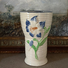 Load image into Gallery viewer, Vintage 1950s TK Japan Ceramic Vase - Hand Painted Blue Lily & Butterfly Relief