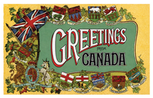 Load image into Gallery viewer, Vintage-style 'Greetings from Canada' card with flags and emblems on a yellow background