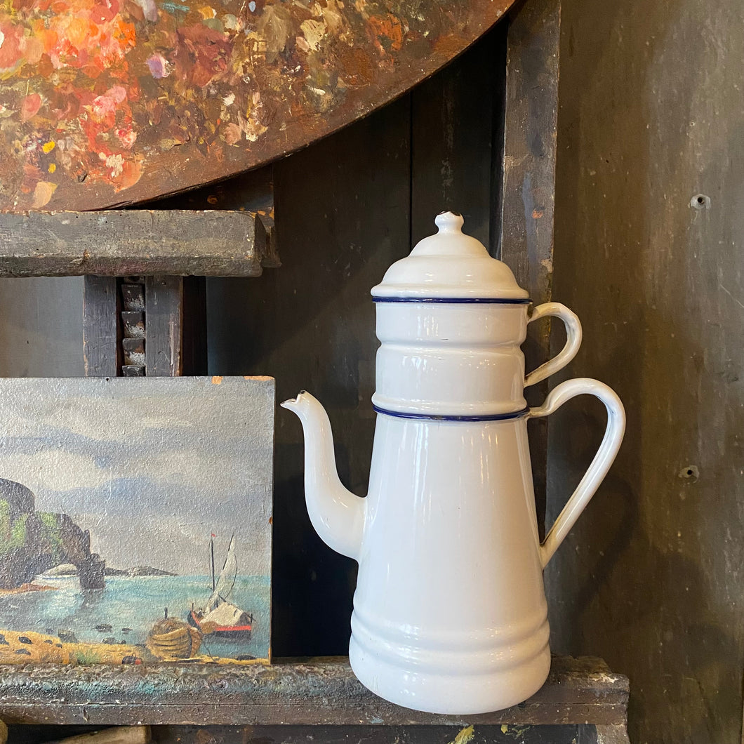 Vintage French White Enamel Coffee Pot with Blue Trim