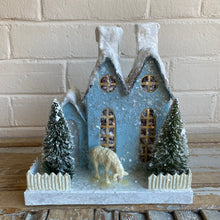 Load image into Gallery viewer, Blue Papier Mache House with Lamb
