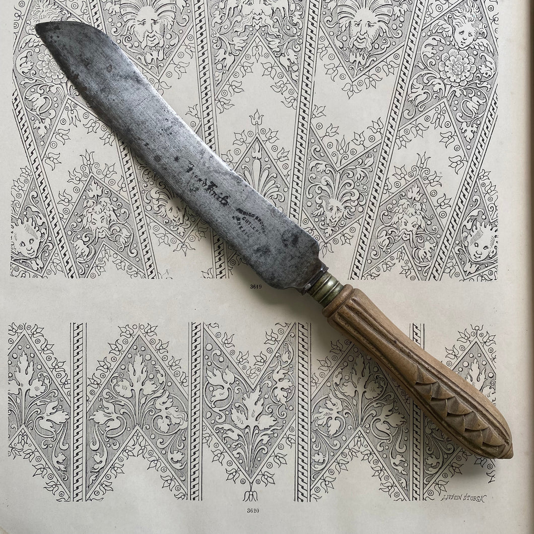 Antique Carved Wood Bread Knife with Wheat Sheaf Handle - England
