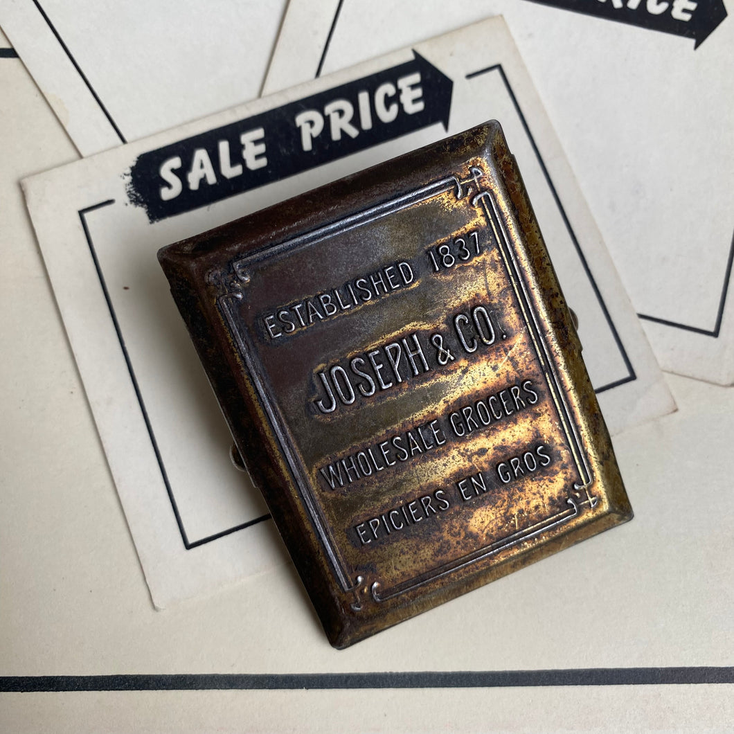 Antique Brass Advertising Clip from Joseph & Co.  Wholesale Grocers - Epiciers En Gros