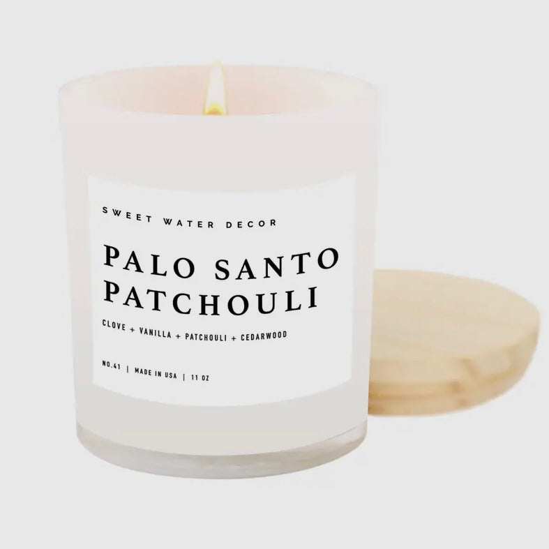 Palo Santo Patchouli Candle 11oz by Sweet Water Decor Made in the USA 50hr Burn Time Soy Wax Cotton Wick