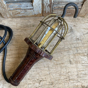 Gorgeous Vintage McGill Industrial Brass Caged Trouble Light with Bakelite Handle c1930