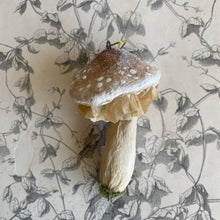 Load image into Gallery viewer, Handmade Brown Spun Cotton Mushroom Ornaments by local Toronto Artist Karat + Clover 
