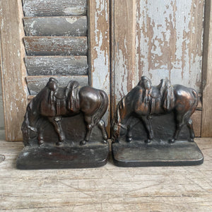 Antique Grazing Horses Cast Iron Bookends c1920