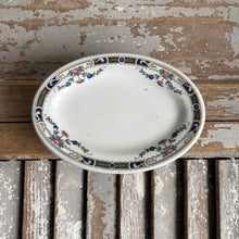 Load image into Gallery viewer, Antique Oval Ironstone Dish - Pink Roses &amp; Cobalt Art Deco Border - 1920s Restaurant Ware
