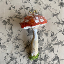 Load image into Gallery viewer, Handmade Orange Spun Cotton Mushroom Ornaments by local Toronto Artist Karat + Clover 
