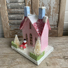 Load image into Gallery viewer, Pink Papier Mâché House with Snowman
