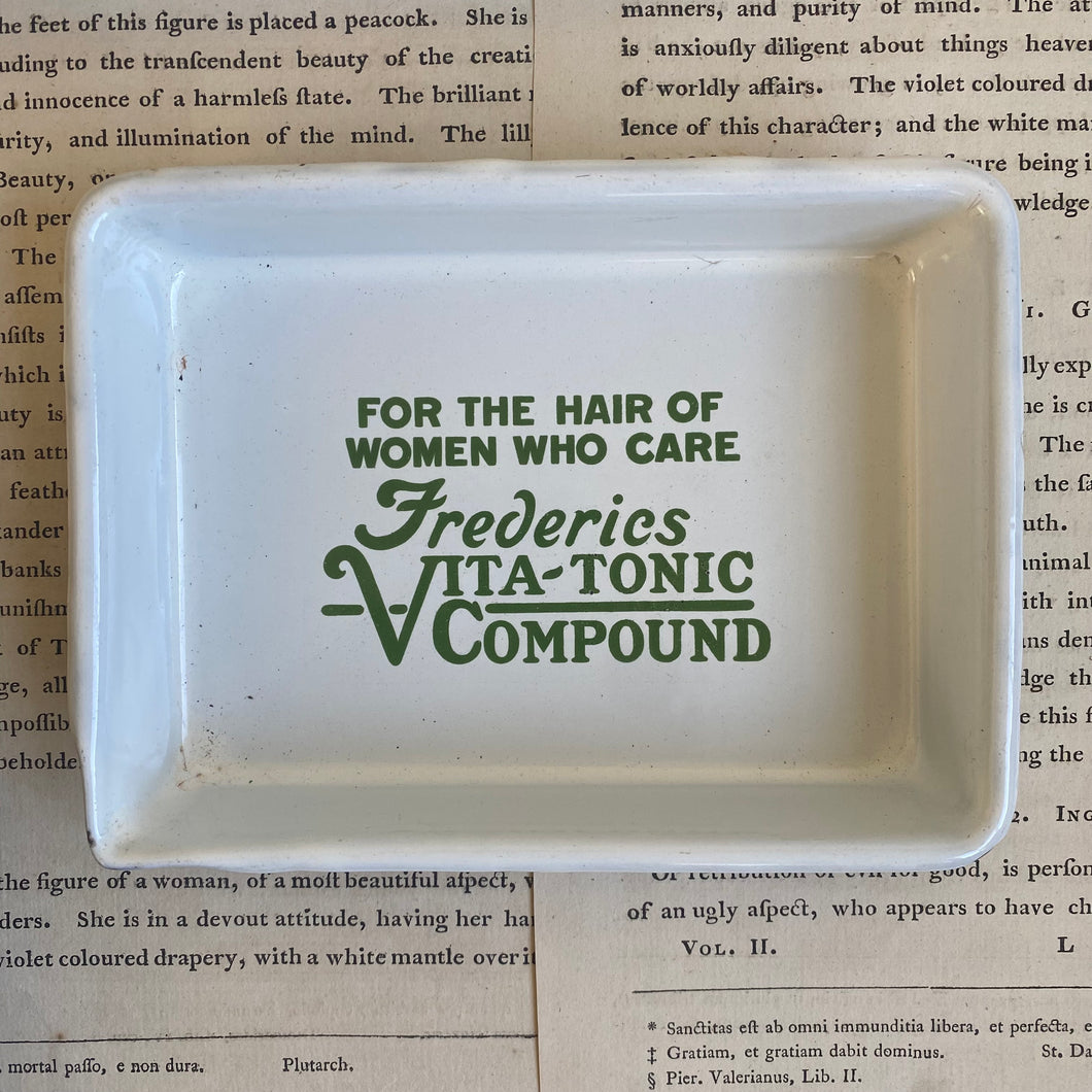 Vintage Porcelain Enamel Advertising Barber Tray for Frederics Vita-Tonic Compound
