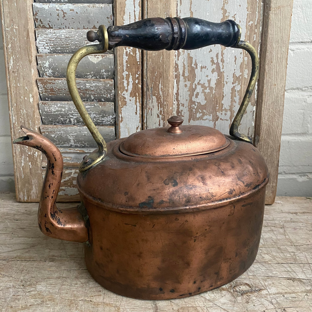 Antique Oval Copper Teapot with Wood Handle