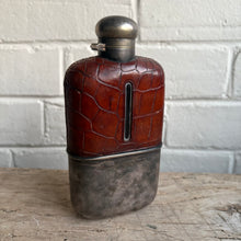 Load image into Gallery viewer, Antique Crocodile Leather Hip Flask with Silver Plate Tumbler Cup | Early 1900s Barware
