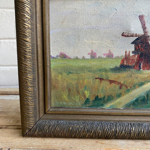 Vintage Oil on Canvas of Windmill and Landscape c1930