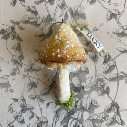 Handmade Yellow Spun Cotton Mushroom Ornaments by local Toronto Artist Karat + Clover 
