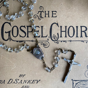 Vintage French Clear Beaded Rosary with Holy Water Relic - Lourdes