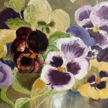 Load image into Gallery viewer, Vintage Signed Oil Painting of Pansies in Vase, Floral Still Life c1960s
