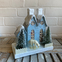 Load image into Gallery viewer, Blue Papier Mache House with Lamb
