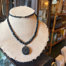 Load image into Gallery viewer, Victorian Mourning Necklace - Faceted Jet Beads + Carved Oval Pendant c.1880s
