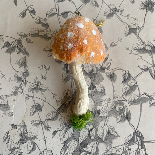 Handmade Orange Spun Cotton Mushroom Ornaments by local Toronto Artist Karat + Clover 