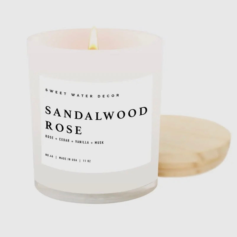 Sandalwood Rose Candle 11oz by Sweet Water Decor Made in the USA 50hr Burn Time Soy Wax Cotton Wick