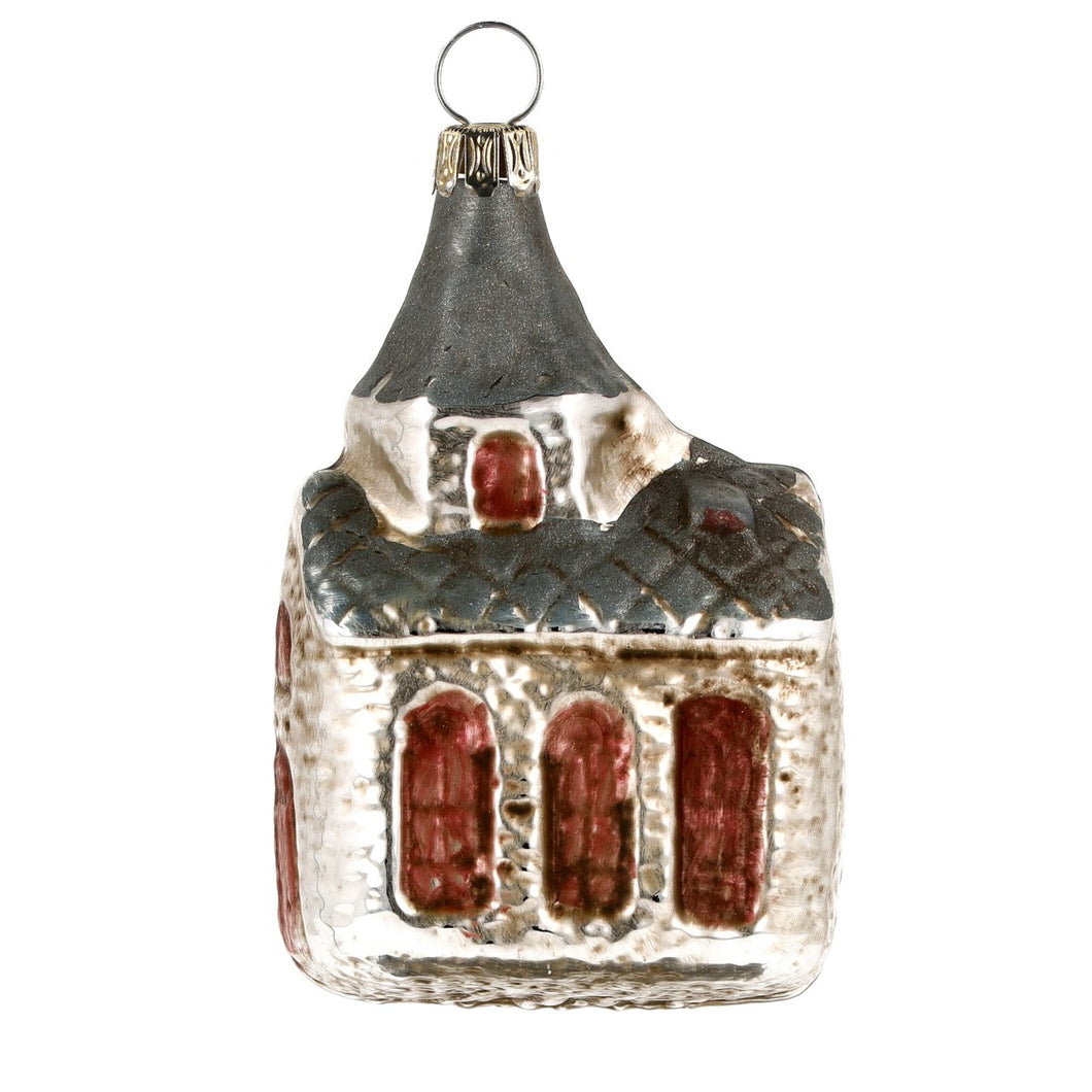 Church with Blue Roof Glass Ornament