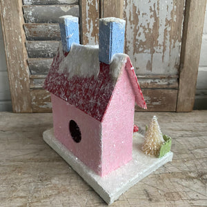 Pink Papier Mâché House with Snowman